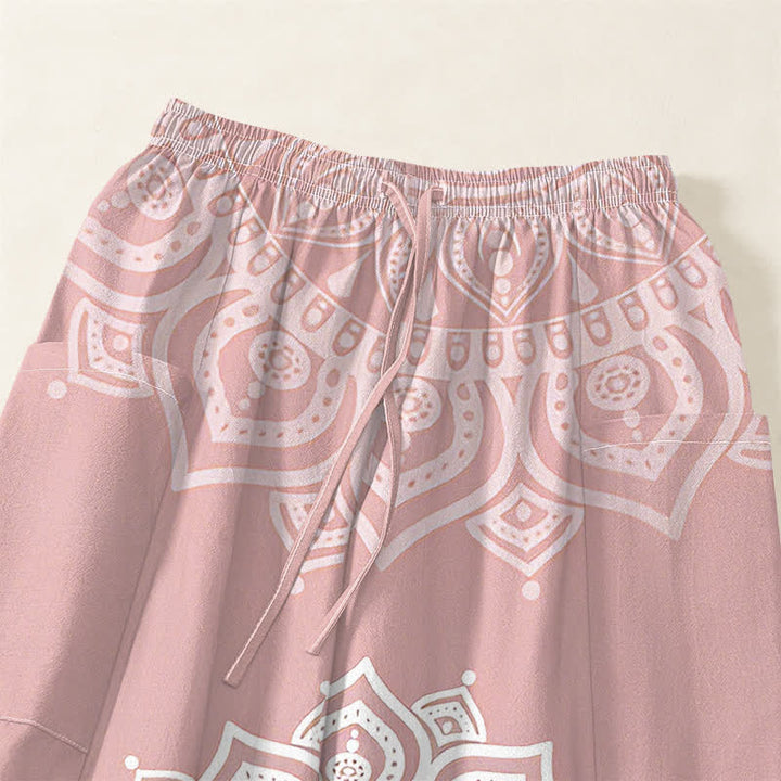 Buddha Stones Pantalones harem de algodón estilo boho con estampado de mandala blanco y cintura elástica para mujer, con bolsillos laterales. - image 5