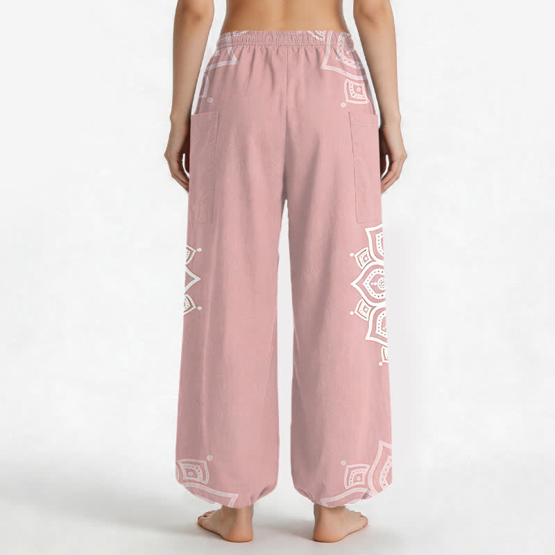 Buddha Stones Pantalones harem de algodón estilo boho con estampado de mandala blanco y cintura elástica para mujer, con bolsillos laterales. - image 2
