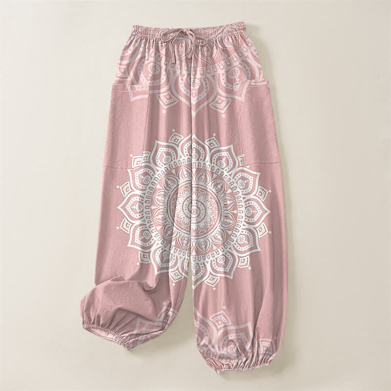 Buddha Stones Pantalones harem de algodón estilo boho con estampado de mandala blanco y cintura elástica para mujer, con bolsillos laterales. - image 3