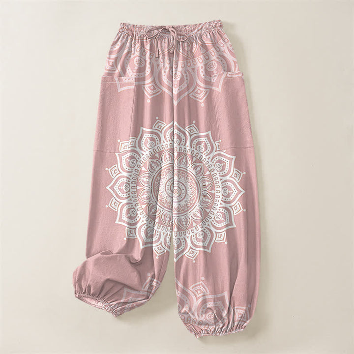 Buddha Stones Pantalones harem de algodón estilo boho con estampado de mandala blanco y cintura elástica para mujer, con bolsillos laterales. - image 3