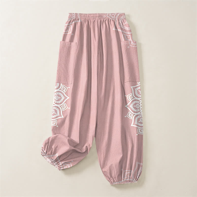Buddha Stones Pantalones harem de algodón estilo boho con estampado de mandala blanco y cintura elástica para mujer, con bolsillos laterales. - image 4