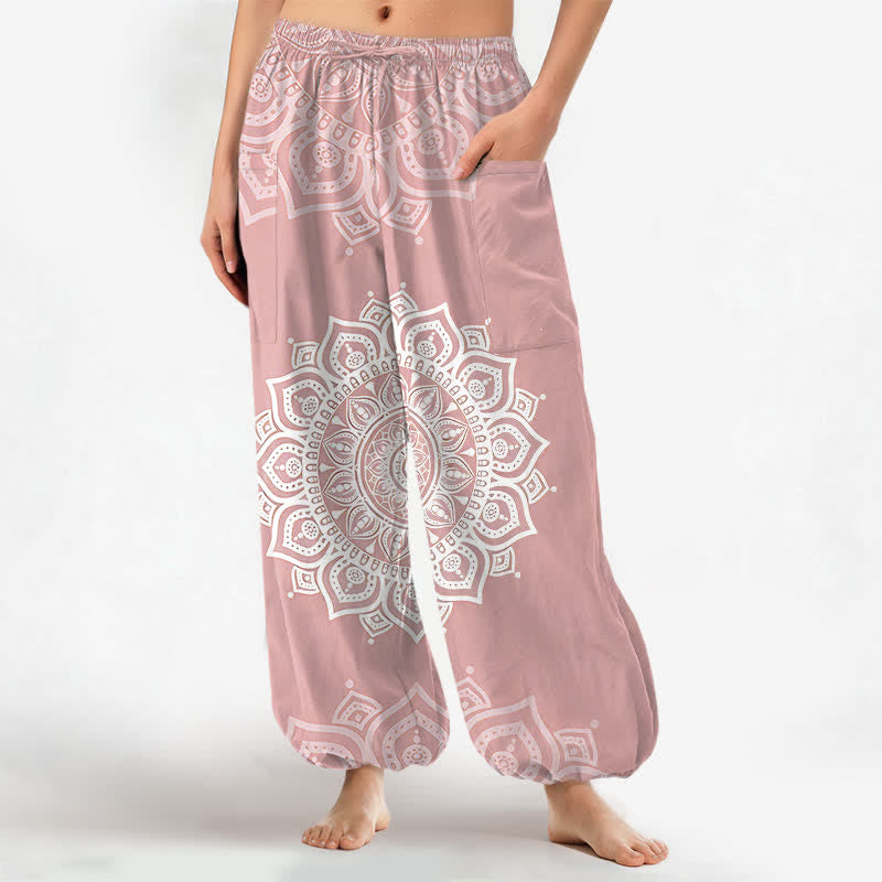 Buddha Stones Pantalones harem de algodón estilo boho con estampado de mandala blanco y cintura elástica para mujer, con bolsillos laterales. - rosa claro - US16，UK/AU20，EU48 (3XL) - image 0