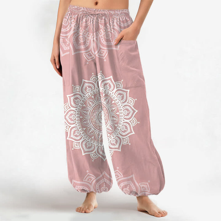 Buddha Stones Pantalones harem de algodón estilo boho con estampado de mandala blanco y cintura elástica para mujer, con bolsillos laterales. - rosa claro - US16，UK/AU20，EU48 (3XL) - image 0