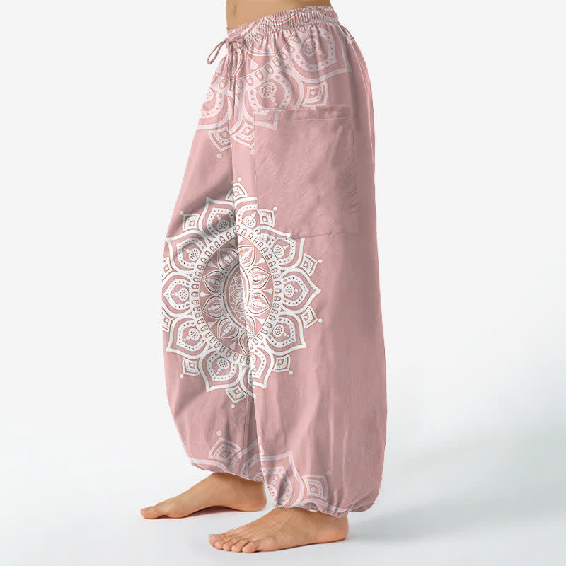 Buddha Stones Pantalones harem de algodón estilo boho con estampado de mandala blanco y cintura elástica para mujer, con bolsillos laterales. - image 1