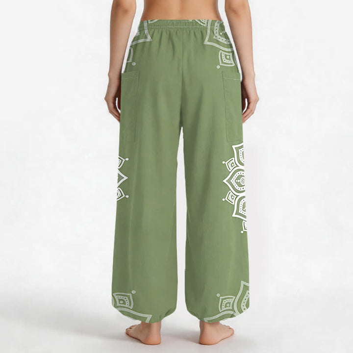 Buddha Stones Pantalones harem de algodón estilo boho con estampado de mandala blanco y cintura elástica para mujer, con bolsillos laterales. - image 9