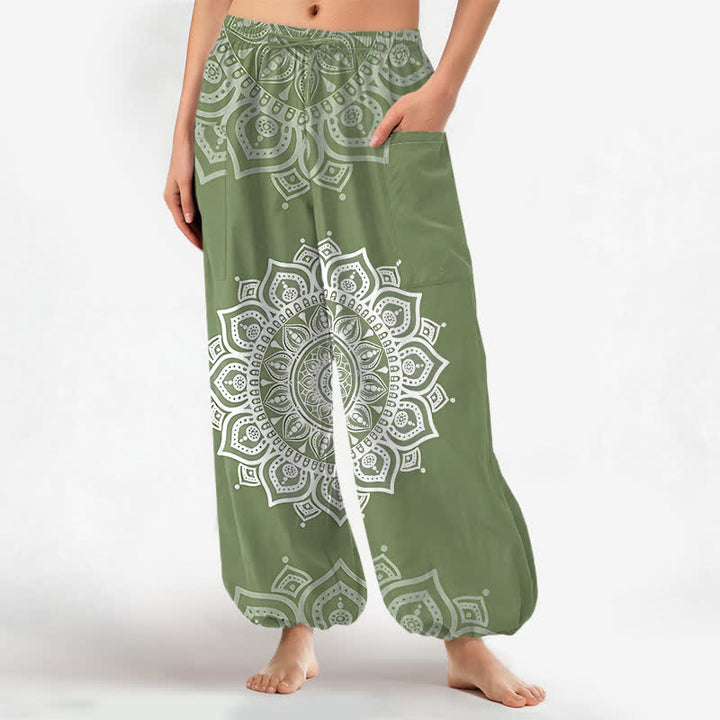 Buddha Stones Pantalones harem de algodón estilo boho con estampado de mandala blanco y cintura elástica para mujer, con bolsillos laterales. - Verde mar oscuro - US16，UK/AU20，EU48 (3XL) - image 7