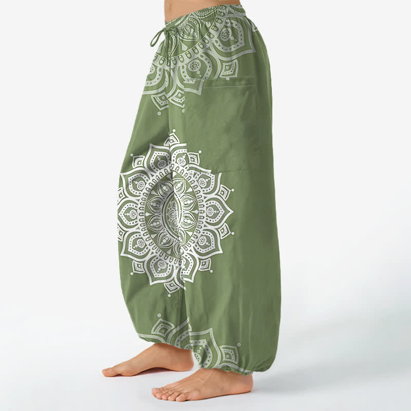 Buddha Stones Pantalones harem de algodón estilo boho con estampado de mandala blanco y cintura elástica para mujer, con bolsillos laterales. - image 8