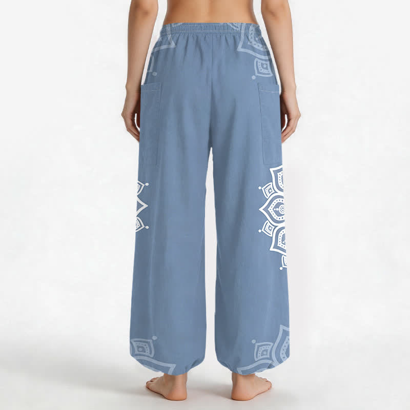 Buddha Stones Pantalones harem de algodón estilo boho con estampado de mandala blanco y cintura elástica para mujer, con bolsillos laterales. - image 12