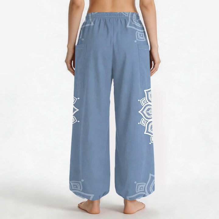 Buddha Stones Pantalones harem de algodón estilo boho con estampado de mandala blanco y cintura elástica para mujer, con bolsillos laterales. - image 12