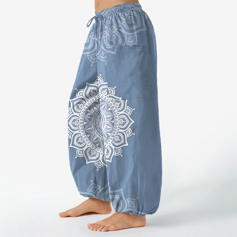 Buddha Stones Pantalones harem de algodón estilo boho con estampado de mandala blanco y cintura elástica para mujer, con bolsillos laterales. - image 11