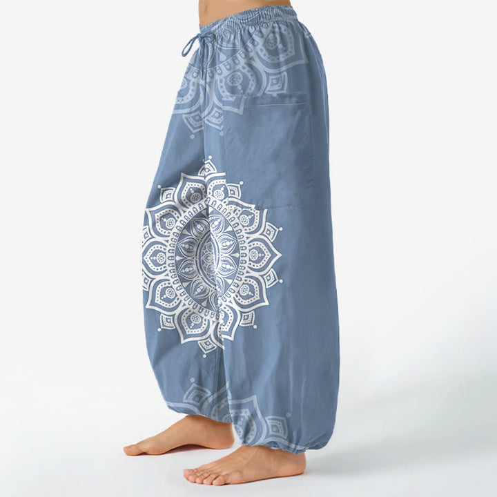 Buddha Stones Pantalones harem de algodón estilo boho con estampado de mandala blanco y cintura elástica para mujer, con bolsillos laterales. - image 11