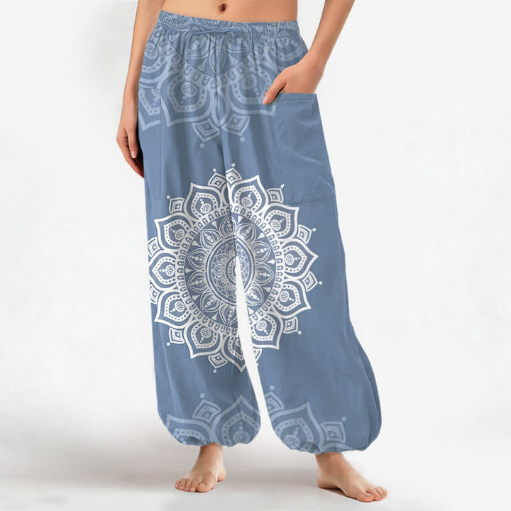 Buddha Stones Pantalones harem de algodón estilo boho con estampado de mandala blanco y cintura elástica para mujer, con bolsillos laterales. - Azul acero claro - US16，UK/AU20，EU48 (3XL) - image 10