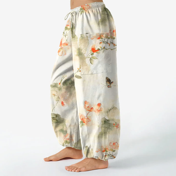 Buddha Stones Pantalones harem de algodón con estampado floral de mariposas en acuarela para mujer, cintura elástica y bolsillos laterales. - image 1