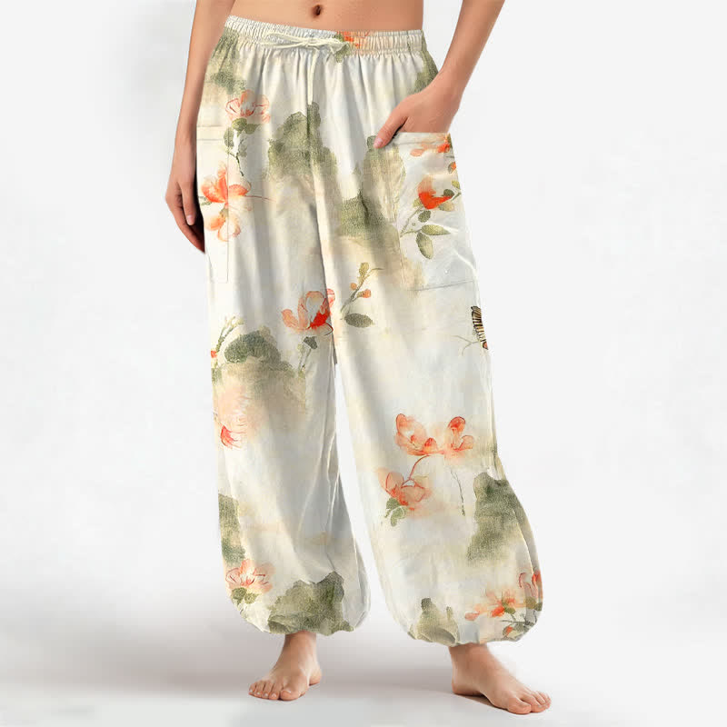 Buddha Stones Pantalones harem de algodón con estampado floral de mariposas en acuarela para mujer, cintura elástica y bolsillos laterales. - Marfil - US16，UK/AU20，EU48 (3XL) - image 0