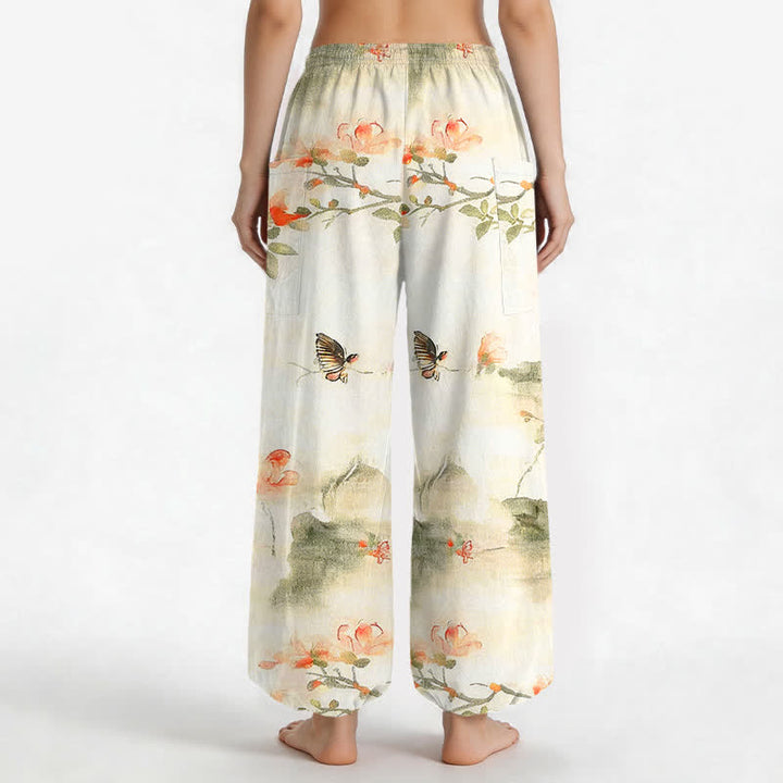 Buddha Stones Pantalones harem de algodón con estampado floral de mariposas en acuarela para mujer, cintura elástica y bolsillos laterales. - image 2