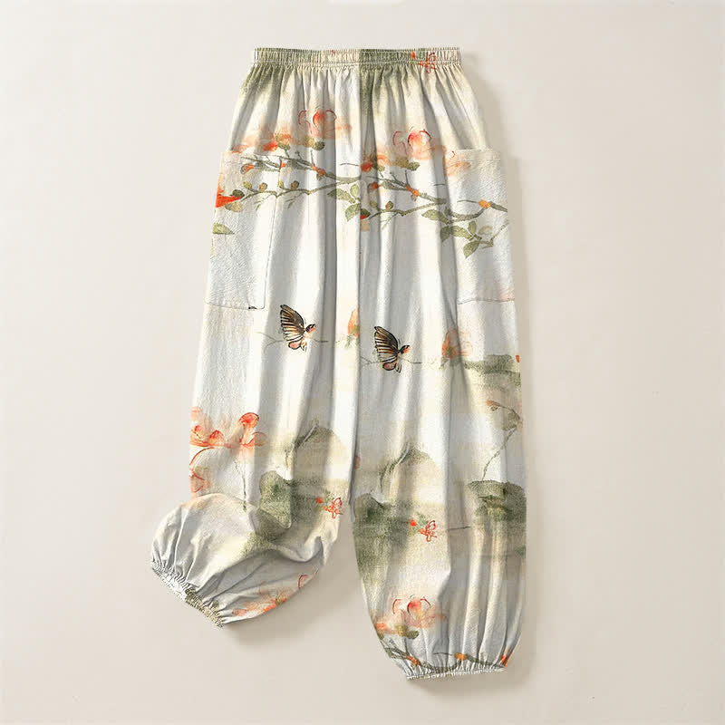 Buddha Stones Pantalones harem de algodón con estampado floral de mariposas en acuarela para mujer, cintura elástica y bolsillos laterales. - image 4