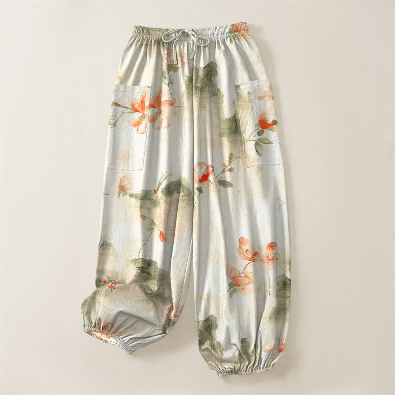 Buddha Stones Pantalones harem de algodón con estampado floral de mariposas en acuarela para mujer, cintura elástica y bolsillos laterales. - image 3