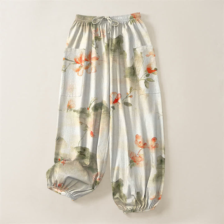 Buddha Stones Pantalones harem de algodón con estampado floral de mariposas en acuarela para mujer, cintura elástica y bolsillos laterales. - image 3