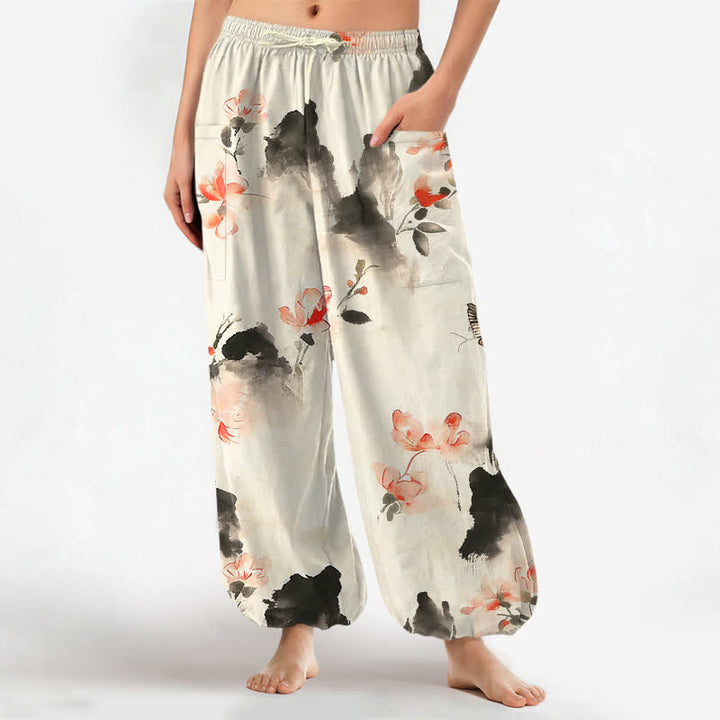 Buddha Stones Pantalones harem de algodón con estampado floral de mariposas en acuarela para mujer, cintura elástica y bolsillos laterales. - Gris oscuro - US16，UK/AU20，EU48 (3XL) - image 7