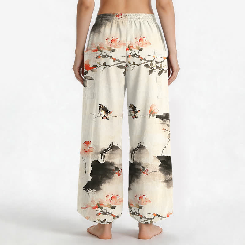Buddha Stones Pantalones harem de algodón con estampado floral de mariposas en acuarela para mujer, cintura elástica y bolsillos laterales. - image 9