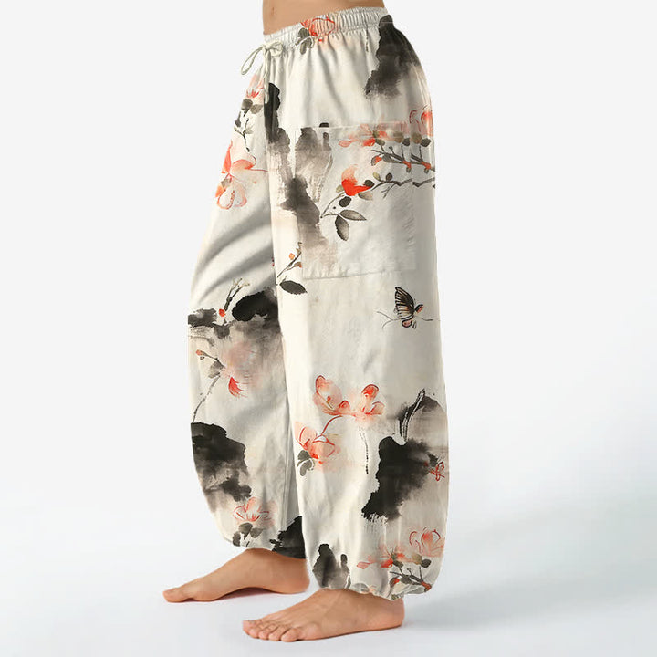 Buddha Stones Pantalones harem de algodón con estampado floral de mariposas en acuarela para mujer, cintura elástica y bolsillos laterales. - image 8