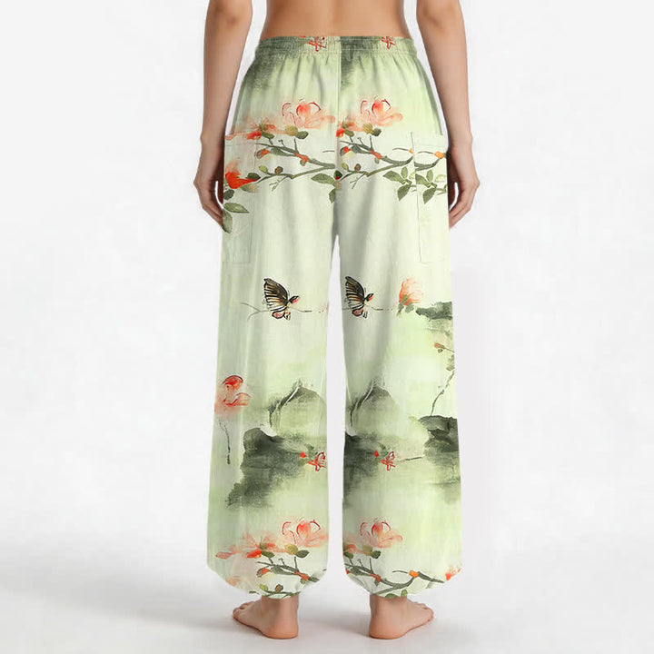 Buddha Stones Pantalones harem de algodón con estampado floral de mariposas en acuarela para mujer, cintura elástica y bolsillos laterales. - image 12