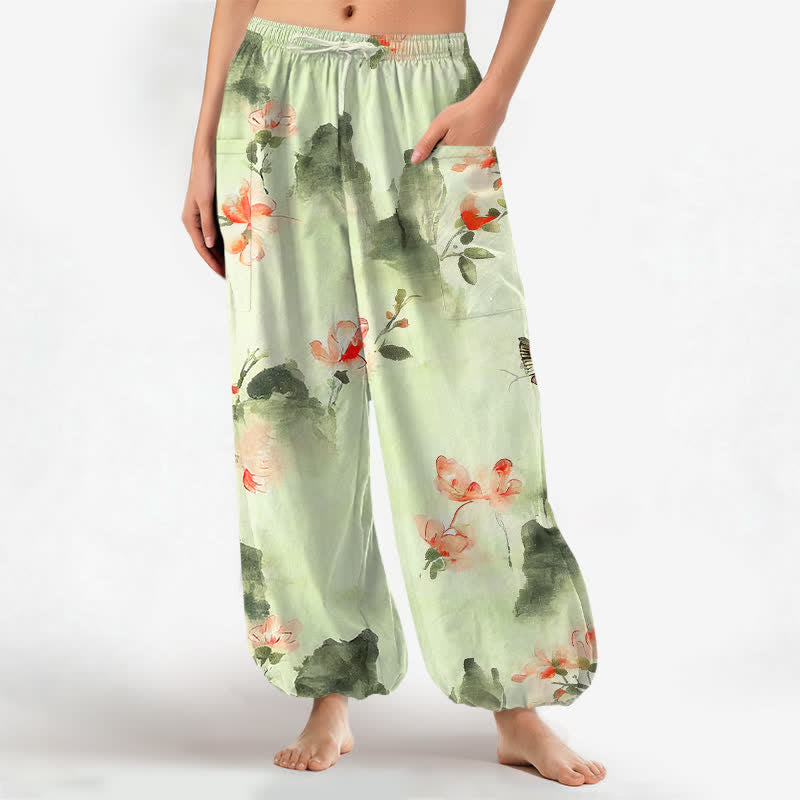 Buddha Stones Pantalones harem de algodón con estampado floral de mariposas en acuarela para mujer, cintura elástica y bolsillos laterales. - Crema de menta - US16，UK/AU20，EU48 (3XL) - image 10