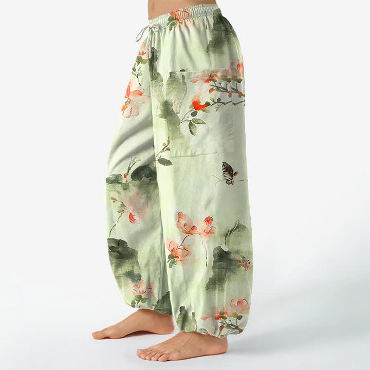 Buddha Stones Pantalones harem de algodón con estampado floral de mariposas en acuarela para mujer, cintura elástica y bolsillos laterales. - image 11