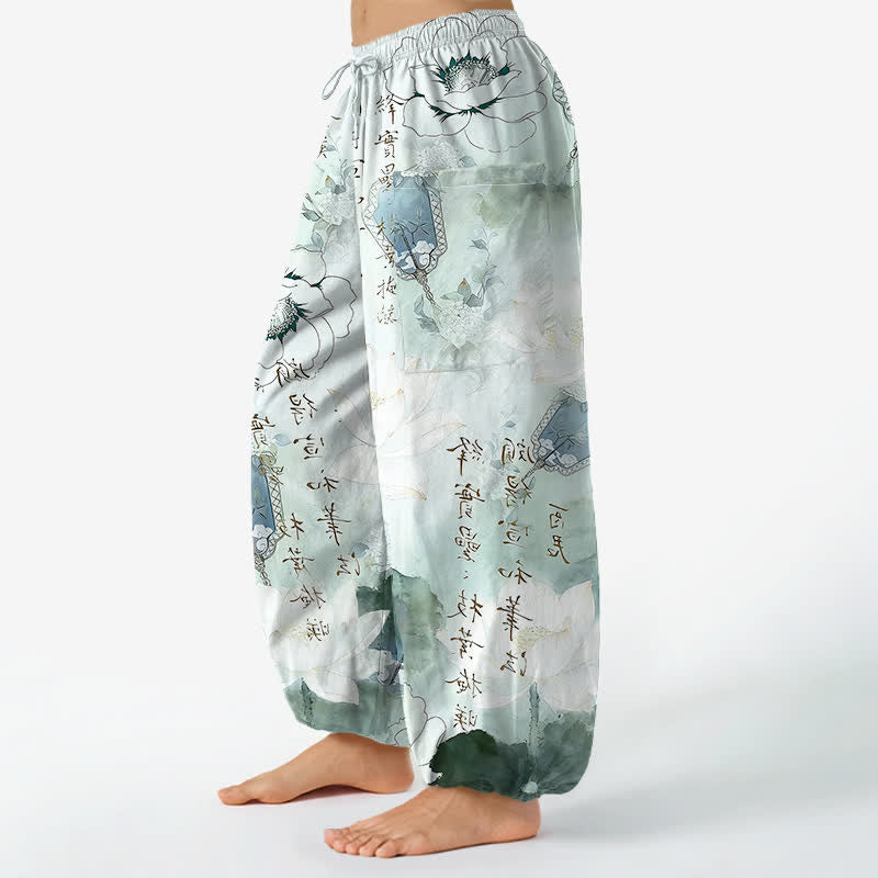 Buddha Stones Pantalones harem de mujer con cintura elástica y bolsillos laterales, estampado de loto de algodón con efecto lavado a la tinta. - image 1