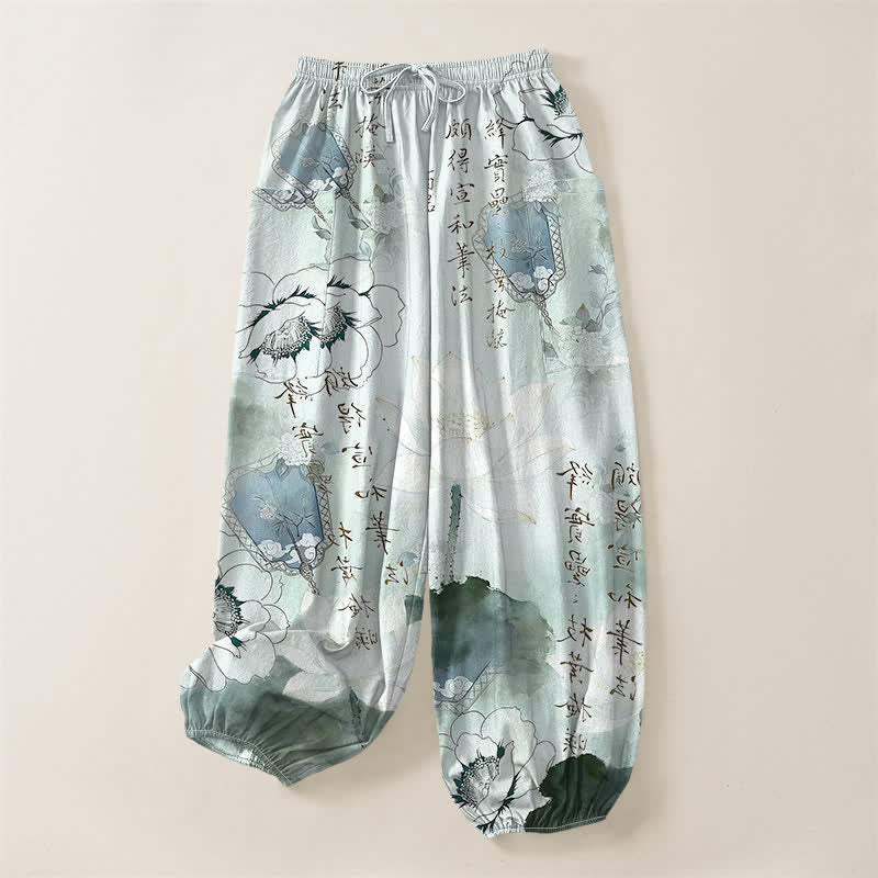 Buddha Stones Pantalones harem de mujer con cintura elástica y bolsillos laterales, estampado de loto de algodón con efecto lavado a la tinta. - image 3
