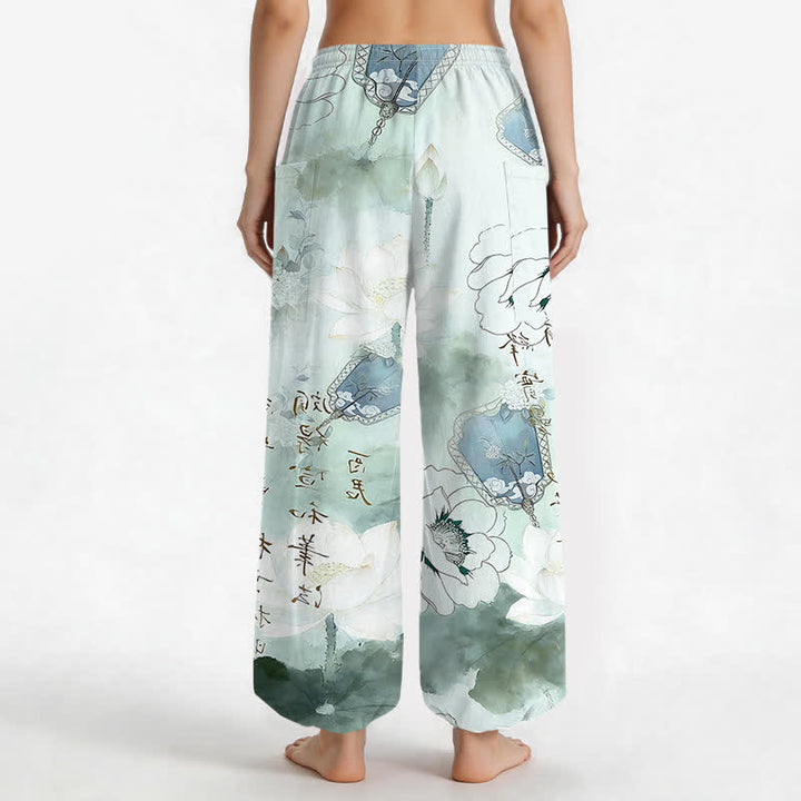 Buddha Stones Pantalones harem de mujer con cintura elástica y bolsillos laterales, estampado de loto de algodón con efecto lavado a la tinta. - image 2