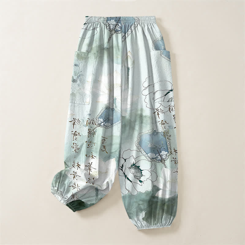 Buddha Stones Pantalones harem de mujer con cintura elástica y bolsillos laterales, estampado de loto de algodón con efecto lavado a la tinta. - image 4