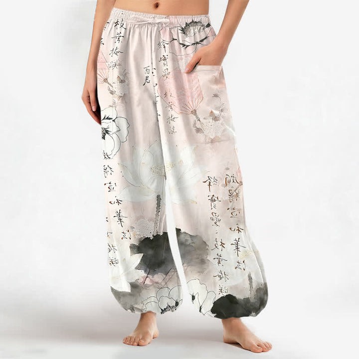Buddha Stones Pantalones harem de mujer con cintura elástica y bolsillos laterales, estampado de loto de algodón con efecto lavado a la tinta. - Rubor lavanda - US16，UK/AU20，EU48 (3XL) - image 7