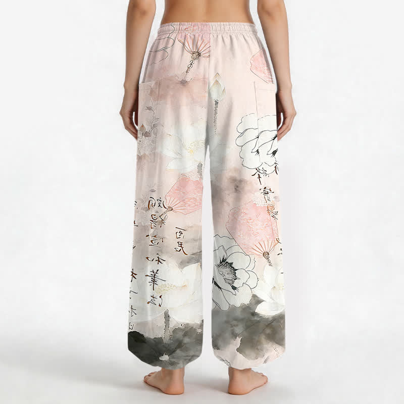 Buddha Stones Pantalones harem de mujer con cintura elástica y bolsillos laterales, estampado de loto de algodón con efecto lavado a la tinta. - image 9
