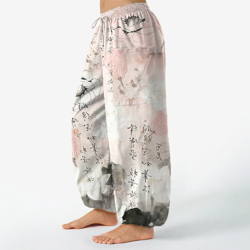 Buddha Stones Pantalones harem de mujer con cintura elástica y bolsillos laterales, estampado de loto de algodón con efecto lavado a la tinta. - image 8