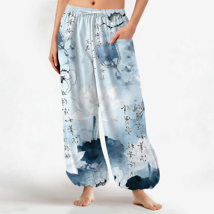 Buddha Stones Pantalones harem de mujer con cintura elástica y bolsillos laterales, estampado de loto de algodón con efecto lavado a la tinta. - Azul claro - US16，UK/AU20，EU48 (3XL) - image 10