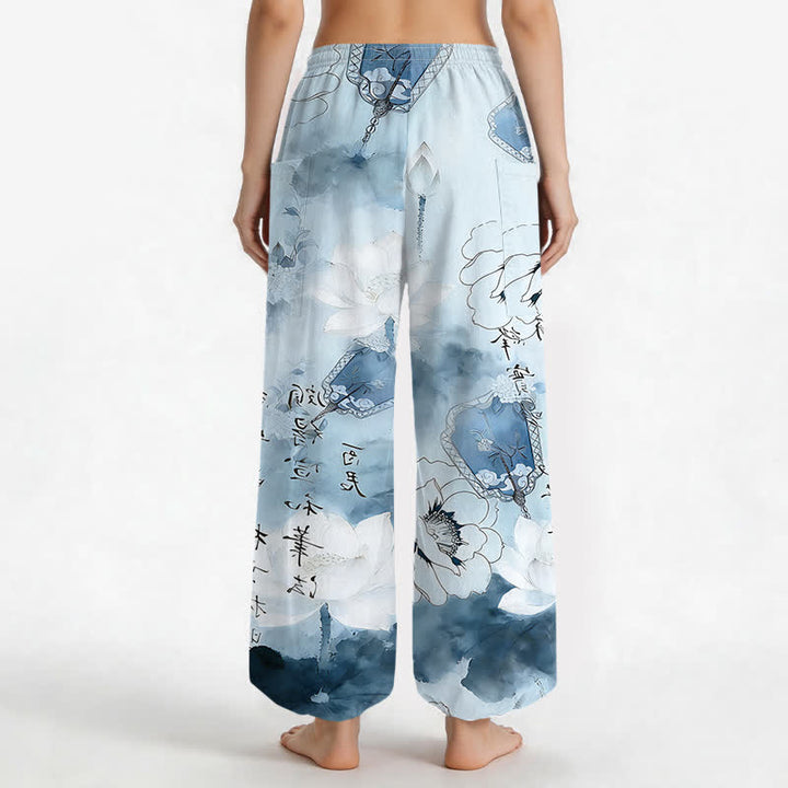 Buddha Stones Pantalones harem de mujer con cintura elástica y bolsillos laterales, estampado de loto de algodón con efecto lavado a la tinta. - image 12