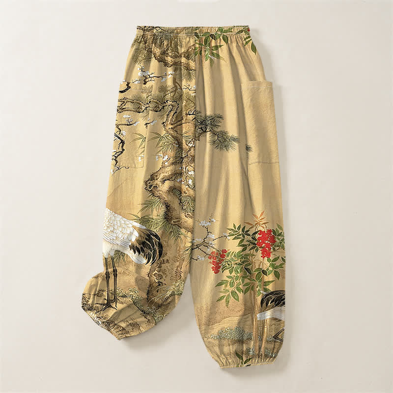 Buddha Stones Pantalones harem de algodón con estampado de grulla oriental y flores de pino para mujer, con cintura elástica y bolsillos laterales. - image 4