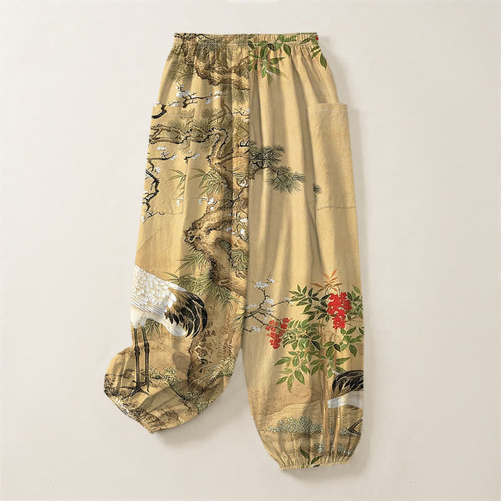 Buddha Stones Pantalones harem de algodón con estampado de grulla oriental y flores de pino para mujer, con cintura elástica y bolsillos laterales. - image 4