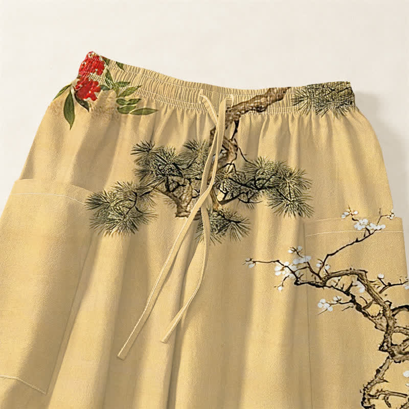 Buddha Stones Pantalones harem de algodón con estampado de grulla oriental y flores de pino para mujer, con cintura elástica y bolsillos laterales. - image 5