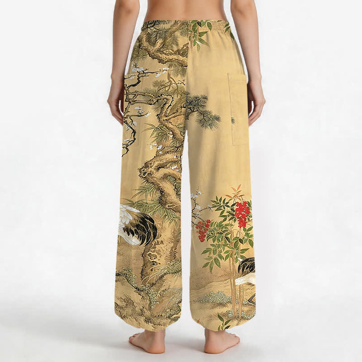 Buddha Stones Pantalones harem de algodón con estampado de grulla oriental y flores de pino para mujer, con cintura elástica y bolsillos laterales. - image 2
