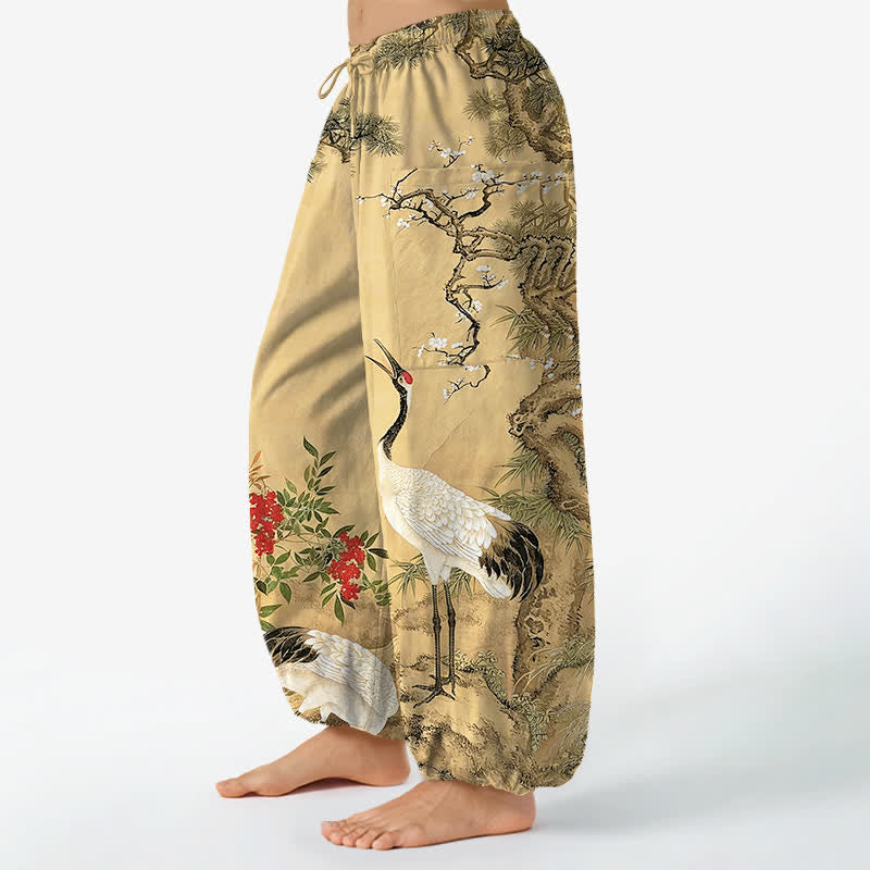 Buddha Stones Pantalones harem de algodón con estampado de grulla oriental y flores de pino para mujer, con cintura elástica y bolsillos laterales. - image 1