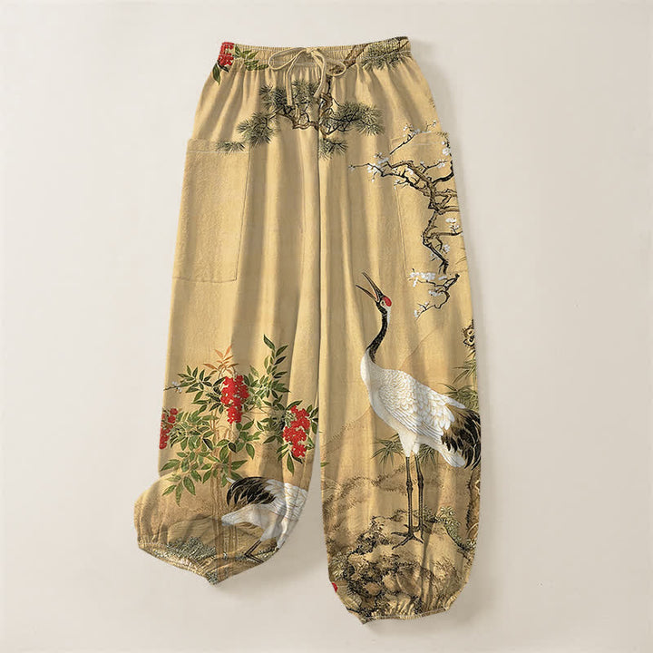 Buddha Stones Pantalones harem de algodón con estampado de grulla oriental y flores de pino para mujer, con cintura elástica y bolsillos laterales. - image 3