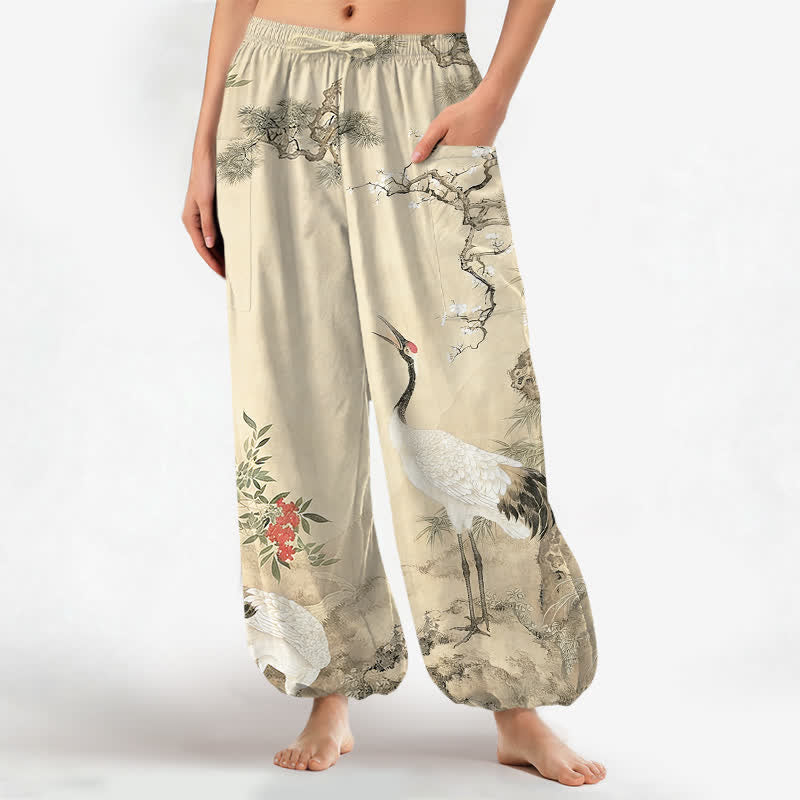 Buddha Stones Pantalones harem de algodón con estampado de grulla oriental y flores de pino para mujer, con cintura elástica y bolsillos laterales. - Beige - US16，UK/AU20，EU48 (3XL) - image 7