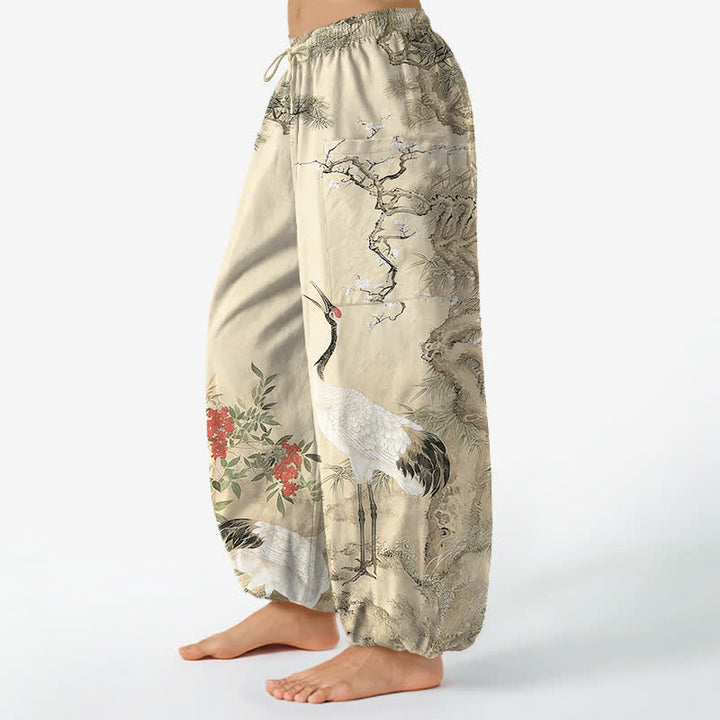 Buddha Stones Pantalones harem de algodón con estampado de grulla oriental y flores de pino para mujer, con cintura elástica y bolsillos laterales. - image 8