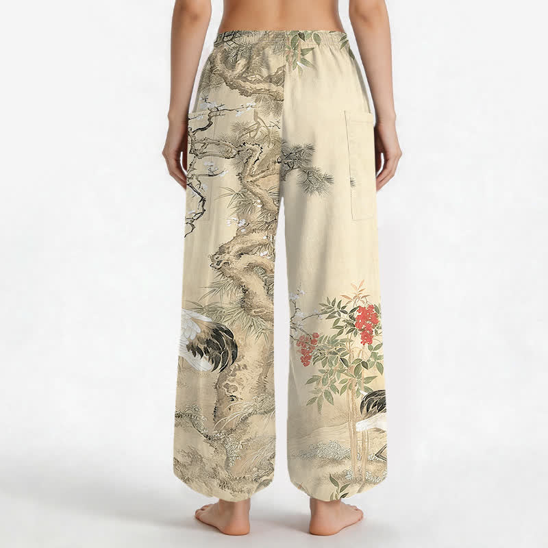 Buddha Stones Pantalones harem de algodón con estampado de grulla oriental y flores de pino para mujer, con cintura elástica y bolsillos laterales. - image 9
