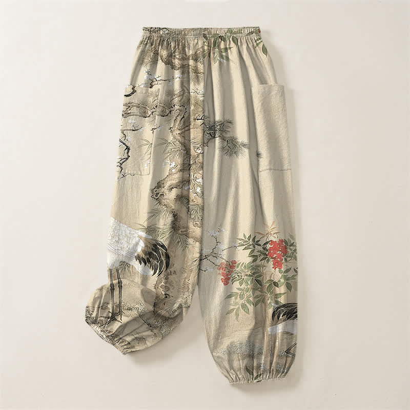 Buddha Stones Pantalones harem de algodón con estampado de grulla oriental y flores de pino para mujer, con cintura elástica y bolsillos laterales. - image 11