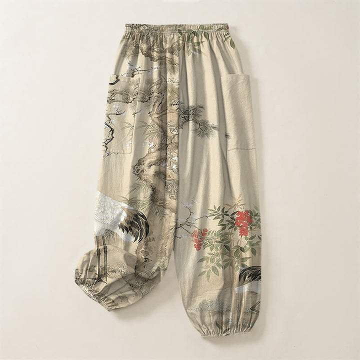 Buddha Stones Pantalones harem de algodón con estampado de grulla oriental y flores de pino para mujer, con cintura elástica y bolsillos laterales. - image 11