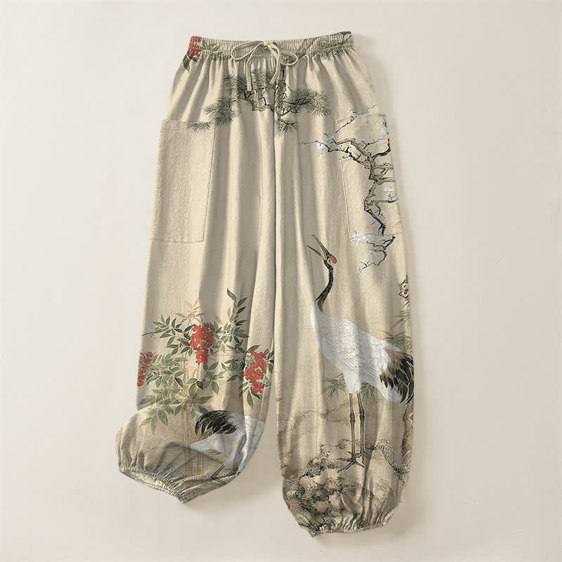 Buddha Stones Pantalones harem de algodón con estampado de grulla oriental y flores de pino para mujer, con cintura elástica y bolsillos laterales. - image 10