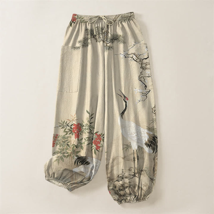 Buddha Stones Pantalones harem de algodón con estampado de grulla oriental y flores de pino para mujer, con cintura elástica y bolsillos laterales. - image 10